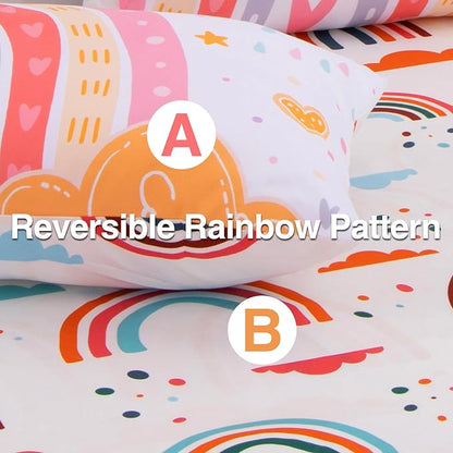 A Nice Night Bedding 6 Pcs Cartoon Rainbow Bedding Set with Smile Sun Printed for Boys Girls Bed Comforter Sets (White, Full)