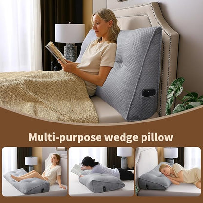 Wedge Headboard Pillow for Bed, Queen Dorm Headboard Pillow Support for Sitting Up, Reading, Relaxing, Bolster Pillow with Removable Washable Cover, Gray