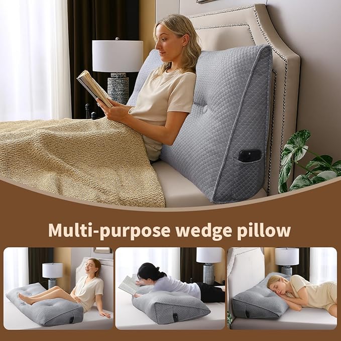 Wedge Headboard Pillow for Bed, King Dorm Headboard Pillow Support for Sitting Up, Reading, Relaxing, Bolster Pillow with Removable Washable Cover, Gray