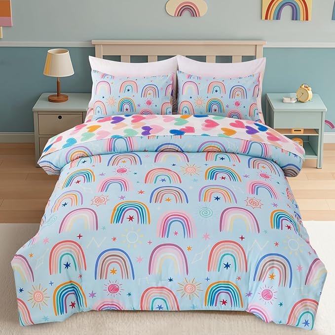 Holawakaka Boho Rainbow Twin Comforter Set with Sheets, 5-Piece Bohemian Love Heart Star Bedding Set for Girls & Women -Super Soft Microfiber Kids Teen-Girls Twin Size Blue Reversible Bed-in-a-Bag