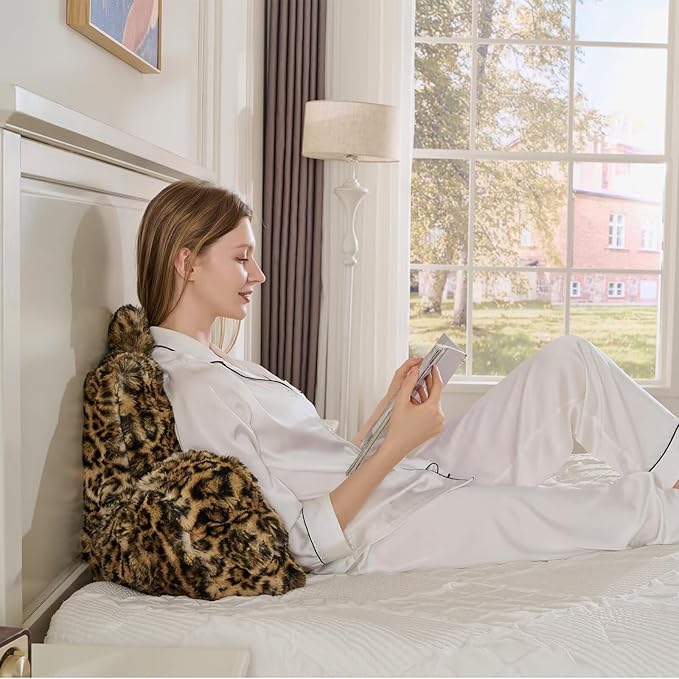 Reading Pillows for Boyfriend Adult,Velvet Back Pillow Bed Wedge Large, Back Rest Support Cushion for Sitting Up in Bed/Couch for Bedrest 18inch-Leopard Brown