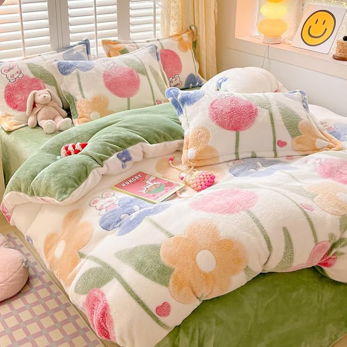 Floral Kids Duvet Cover Set Queen Cute Kawaii Bedding Set Avocado Green Snowflake Fluffy Comforter Cover Blanket Soft Reversible Duvet Cover Room Decor (Flowers,Queen)