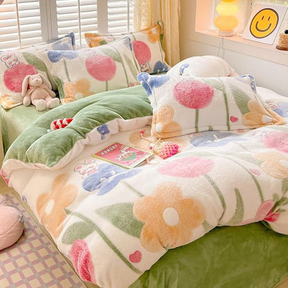 Floral Kids Duvet Cover Set Queen Cute Kawaii Bedding Set Avocado Green Snowflake Fluffy Comforter Cover Blanket Soft Reversible Duvet Cover Room Decor (Flowers,Queen)