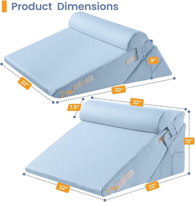 Sasttie Wedge Pillow Set for After Surgery, 2PCS Adjustable Bed Wedge Pillow Headboard with Memory Foam Neck Cushion – for Acid Reflux, Sleeping, Neck & Back Support, Blue