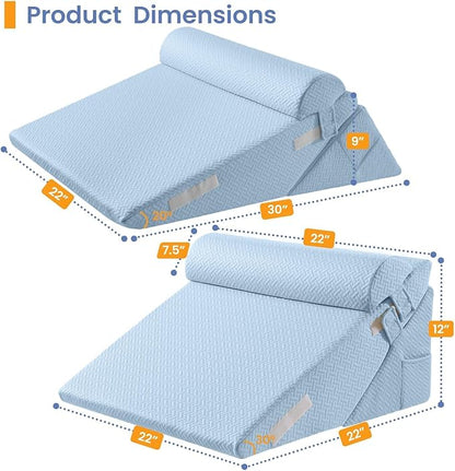 Sasttie Wedge Pillow Set for After Surgery, 2PCS Adjustable Bed Wedge Pillow Headboard with Memory Foam Neck Cushion – for Acid Reflux, Sleeping, Neck & Back Support, Blue