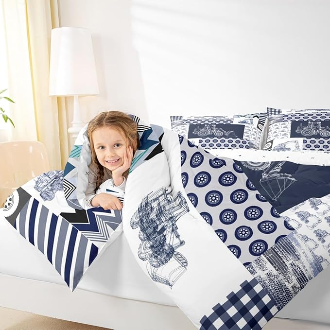 Feelyou Kids Construction Comforter Set Queen Size Equipment Trucks Bedding Set for Boys Cartoon Car Excavator Tractor Comforter Construction Vehicles Plaid Grid Blue and White Duvet Set