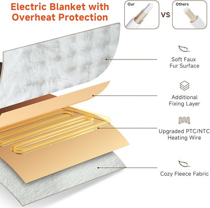 Heated Blanket Electric Twin- 62"x84" Soft Thick Bubble Electric Blanket for Sofa with 5 Heat Levels & 4 Hours Auto-Off Overheat Protection, Warm Cozy Gifts, Cream