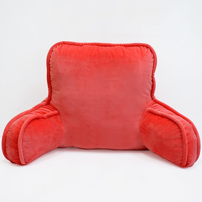 Super Soft Velvety Backrest Reading Bed Rest Pillow with Arms and Pockets 18" H for Sitting in Bed Couch Sofa, Back Support Wedge Cushion with Removable Cover, 20" x 18" x17", Bright Pink
