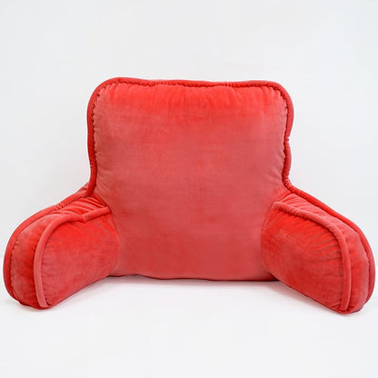 Super Soft Velvety Backrest Reading Bed Rest Pillow with Arms and Pockets 18" H for Sitting in Bed Couch Sofa, Back Support Wedge Cushion with Removable Cover, 20" x 18" x17", Bright Pink