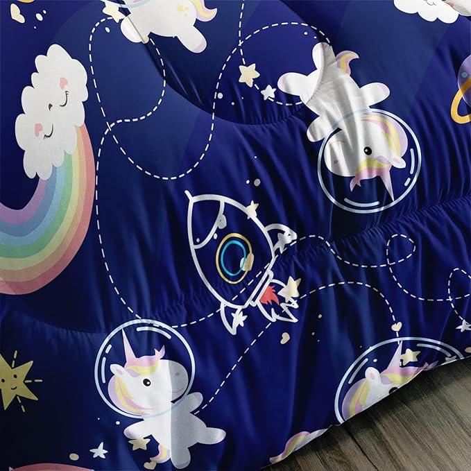 Unicorn Comforter Set Full Size for Kid Girls Space Rocket Rainbow Star Pattern Quilt Bedding Set with 1 Comforter and 2 Pillowcases