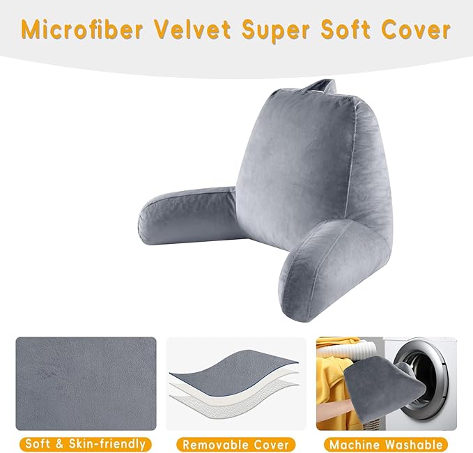 Reading Pillow for Sitting in Bed Adult, Reading Pillow with Shredded Memory Foam, Bed Pillow with Washable Cover, Back Pillow Sitting Up with Extend Arms, LightGrey, Large