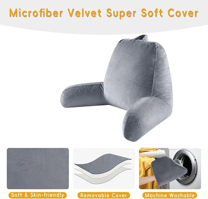 Reading Pillow for Sitting in Bed Adult, Reading Pillow with Shredded Memory Foam, Bed Pillow with Washable Cover, Back Pillow Sitting Up with Extend Arms, LightGrey, Large