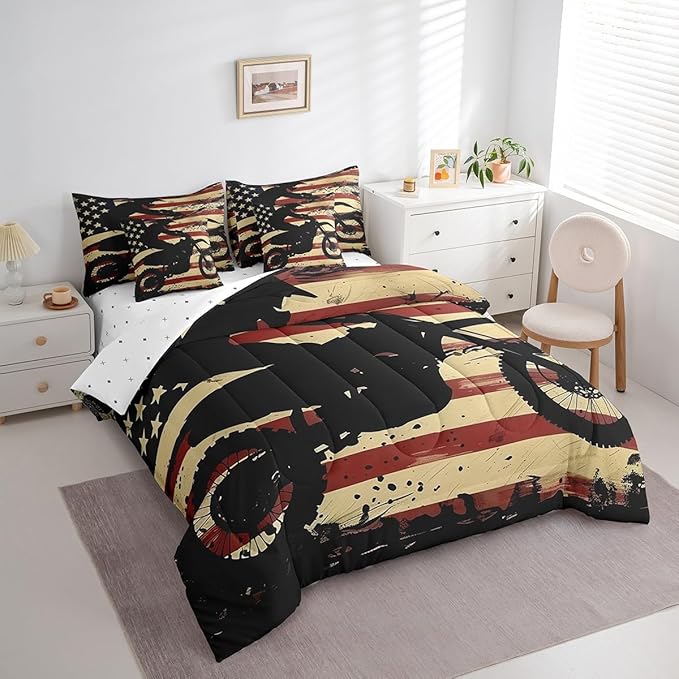 Feelyou Dirt Bike Comforter Set with Sheets King Size Racing Motocross Rider 7 Piece Bedding Set for Kids Boys Girls Teens Toddler Extreme Sports Bed in a Bag Vintage Retro Bed Set