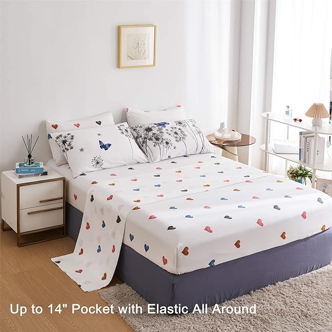 Reversible Queen Comforter Set, Bed in a Bag Queen 7 Pieces, Floral Butterfly Hearts Bedding Set, Soft Microfiber Grey Dandelion on White Bed Set with Comforter, Sheets and Pillowcases