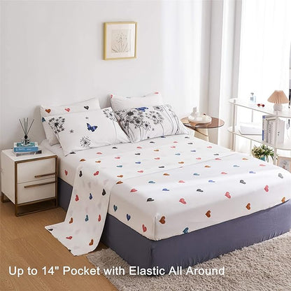 Reversible Queen Comforter Set, Bed in a Bag Queen 7 Pieces, Floral Butterfly Hearts Bedding Set, Soft Microfiber Grey Dandelion on White Bed Set with Comforter, Sheets and Pillowcases