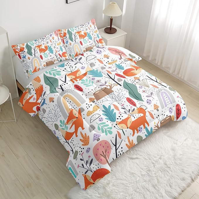 Fox Bedding Comforter Set Twin Size for Kids Teens Cute Cartoon Forest Fox Printed Quilt Set for Bedroom Soft Microfiber All Season Print Quilt Set with 1 Comforter and 2 Pillowcases