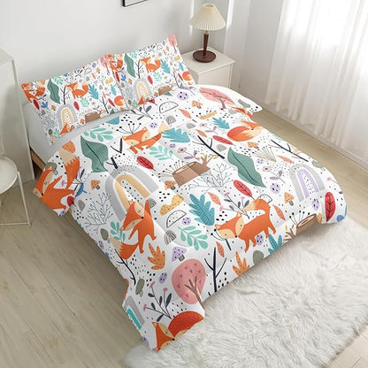 Fox Bedding Comforter Set King Size for Kids Teens Cute Cartoon Forest Fox Printed Quilt Set for Bedroom Soft Microfiber All Season Print Quilt Set with 1 Comforter and 2 Pillowcases