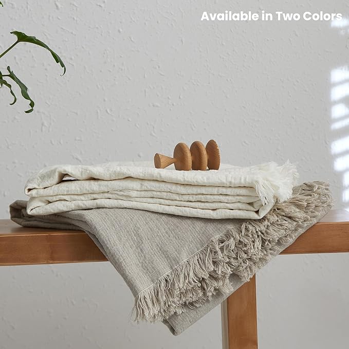 Simple&Opulence 100% Linen Throw Blanket 55x75 inches, Farmhouse Boho Tassel Blanket for Couch, Bed, Sofa, Breathable Natural Cozy Décor, White ﻿