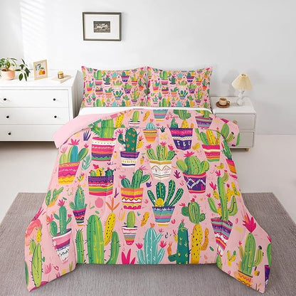 Cartoon Cactus Bedding Set Toddler Size Colorful Bohemia Exotic Comforter Set for Girls Boys Room Decor Cute Hand Drawn Down Comforter Tropical Flowers Quilt Set with 1 Pillowcase