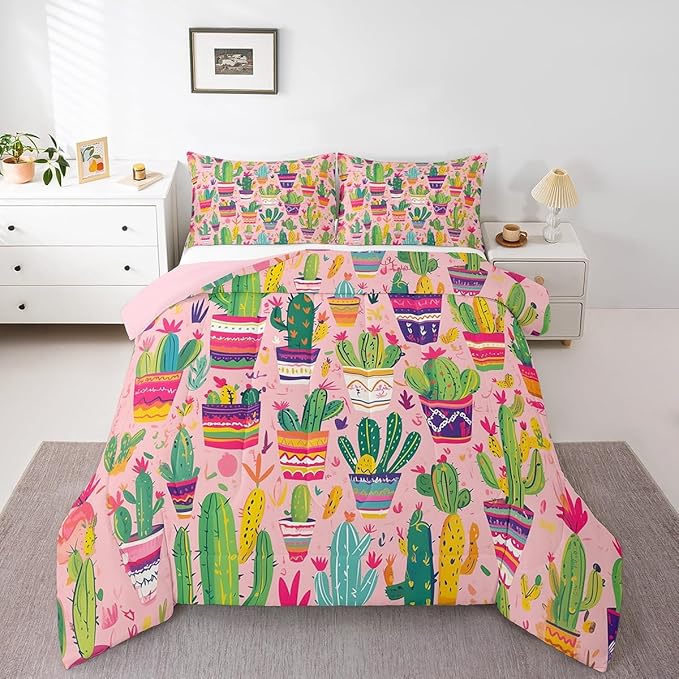 Cartoon Cactus Bedding Set King Size Colorful Bohemia Exotic Comforter Set for Girls Boys Room Decor Cute Hand Drawn Down Comforter Tropical Flowers Quilt Set with 2 Pillowcases
