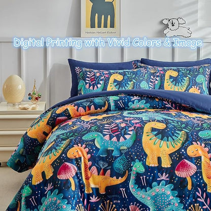 Kids Twin Comforter Set for Boys and Girls, 3pcs Dinosaur Comforter with 2 Pillowcases, Floral Dino Twin Bedding Set for Kids Teens Washable Super Soft Microfiber for All Season, Blue