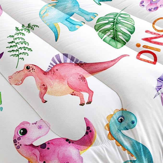 Cartoon Dinosaur Comforter Set Full 3Pc Kawaii Dinosaur Bedding Set All Season with Tree, Leaf Decoration Includes 1 Comforter, 2 Pillowcases for Kids Girls Teens