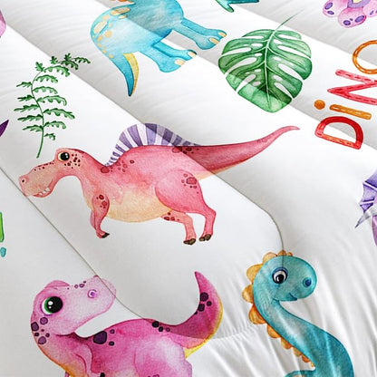 Cartoon Dinosaur Comforter Set Queen 3Pc Kawaii Dinosaur Bedding Set All Season with Tree, Leaf Decoration Includes 1 Comforter, 2 Pillowcases for Kids Girls Teens