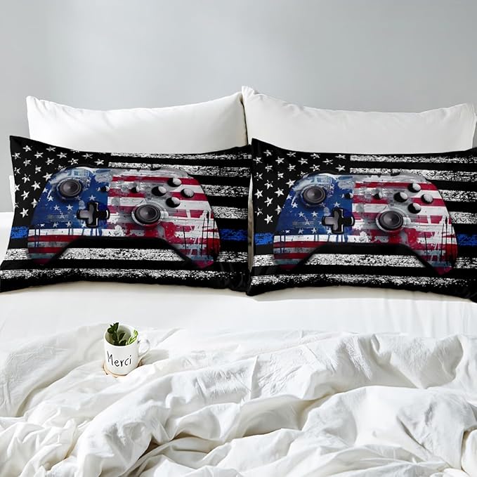 Boys Teens Gamer Duvet Cover Set Queen Size, Reversible American Flag Gamepad Print Video Games Theme Comforter Cover Game Room Decor, American Culture Bedding Sets with 2 Pillowcases, Black