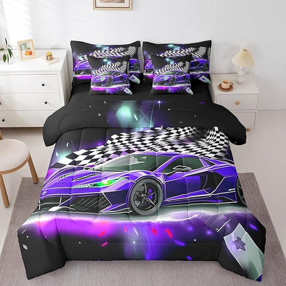 Feelyou Purple Racing Car 7 Piece Bedding Set King Size Extreme Sport Comforter Set with Sheets for Kids Boys Girls Teens Toddler Fast and Furious Bed in a Bag Black White Flag Bed Set