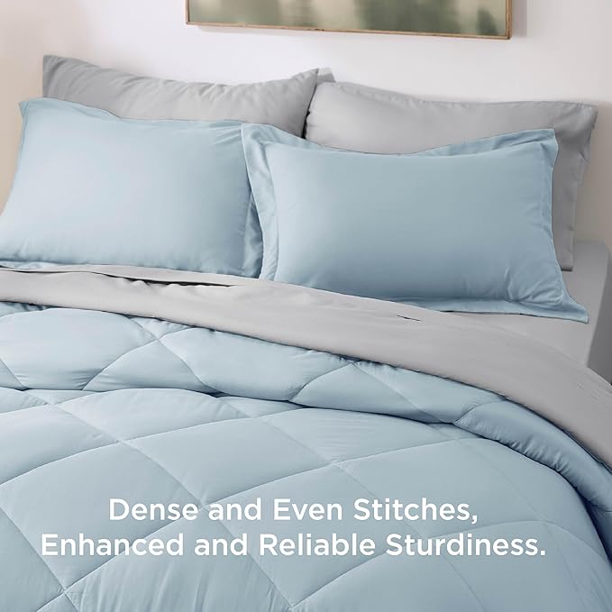 Bedsure Full Size Comforter Set - 7 Pieces Reversible Sky Blue Bedding, Full Size Bed Set for All Seasons, Bed in a Bag with Down Alternative Comforter, Sheets, Pillowcases & Shams