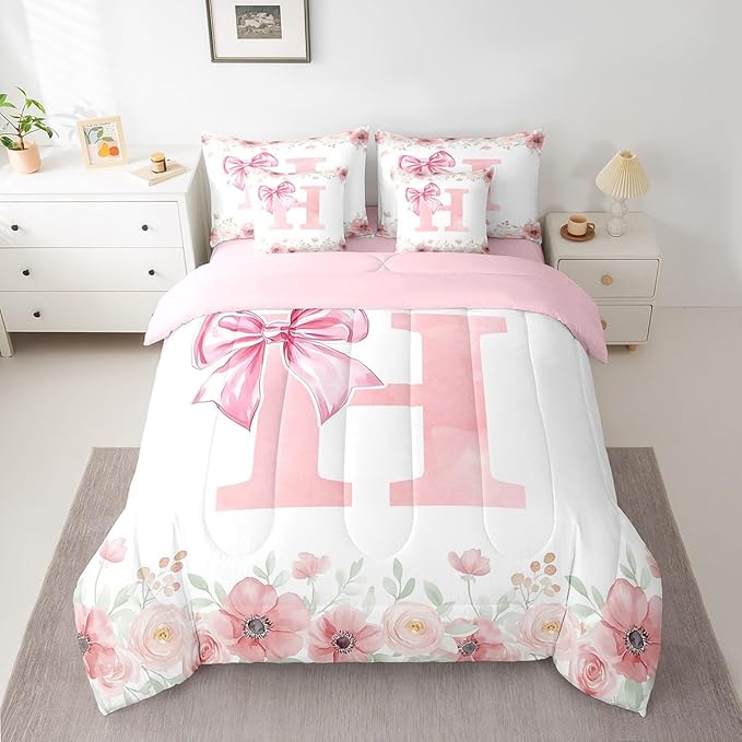 Erosebridal Alphabet H Bed in A Bag, Initial Letter H Bowknot Bedding Sets King Size for Kids Girls, Kawaii Girly Princess Bed Set Bedroom Decor Flower Floral Spring Comforter Set with Sheets