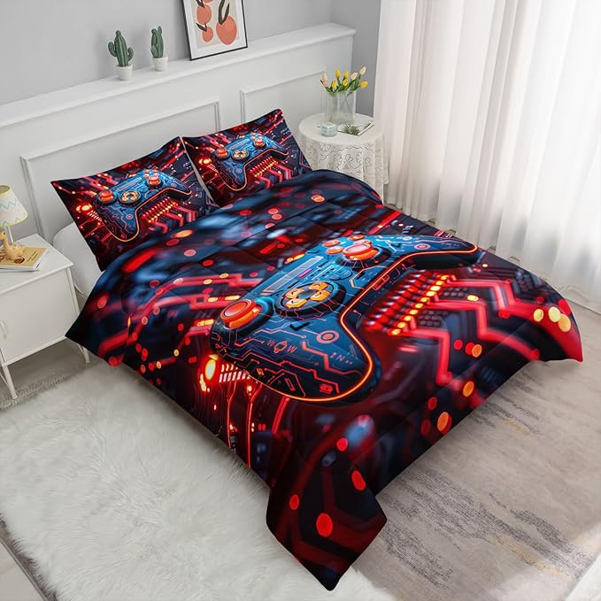 3D Gamepad Comforter Set Cartoon Machinery Printed Bedding Set with 1 Comforter and 2 Pillowcases for Boys and Girls Bedroom All Season(Gamepad-3 Queen)