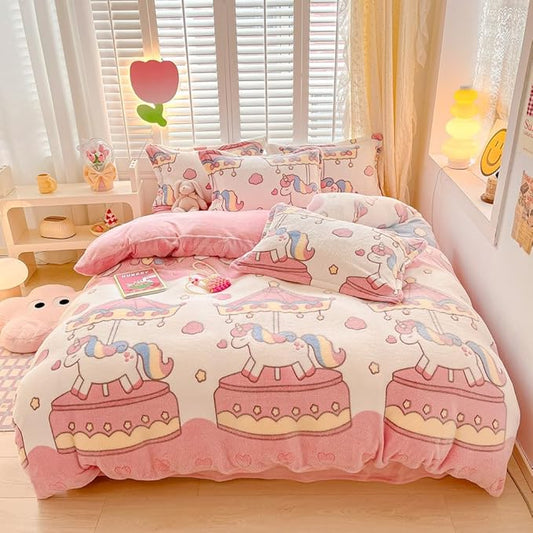 Carousel Kids Duvet Cover Set Pink Kawaii Bedding Set Twin Size Snowflake Fluffy Comforter Cover Blanket Soft Reversible Duvet Cover Room Decor for Girls Women Boys(Carousel,Twin)