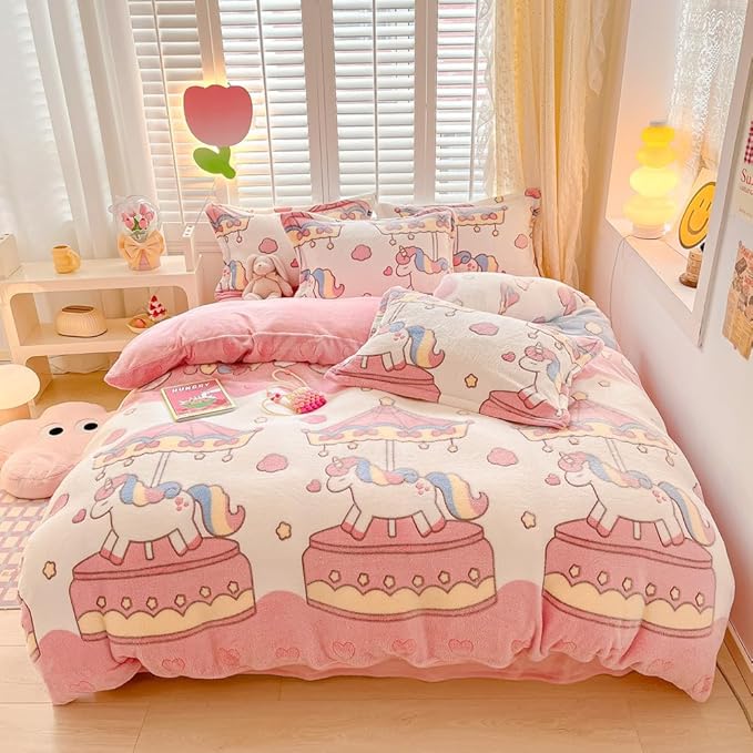 Carousel Kids Duvet Cover Set Queen Pink Kawaii Bedding Set Snowflake Fluffy Comforter Cover Blanket Soft Reversible Duvet Cover Room Decor for Girls Women Boys(Carousel,Queen)