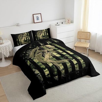 Feelyou Bass Fish Comforter Set Queen Size Fisherman Camouflage Bedding Set Pike Fish Camo American Flag Comforter for Women Men Fsihing Lover Room Farmhouse Fishing Bed Set Wild Quilted Set 3Pcs