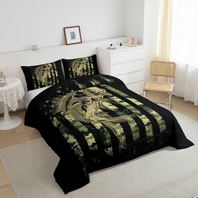 Feelyou Bass Fish Comforter Set Twin Size Fisherman Camouflage Bedding Set Pike Fish Camo American Flag Comforter for Women Men Fsihing Lover Room Farmhouse Fishing Bed Set Wild Quilted Set 2Pcs