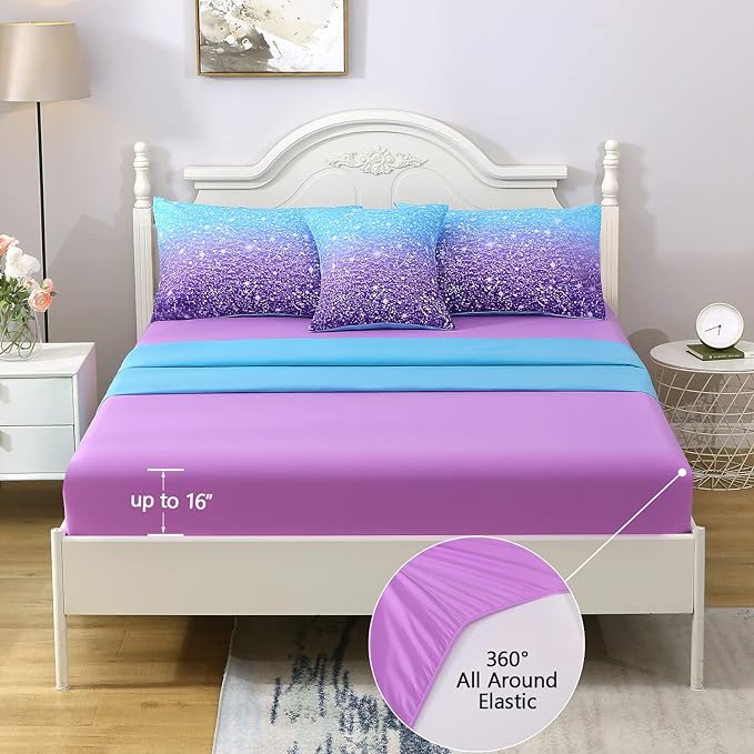 6Pcs Glitter Comforter Set with Sheets for Teens Girls Kids, Colorful Gradient Glitter Themed Bed in a Bag Twin Size, Blue Purple 3D Sparkly Galaxy Bedroom Decor Bedding Set