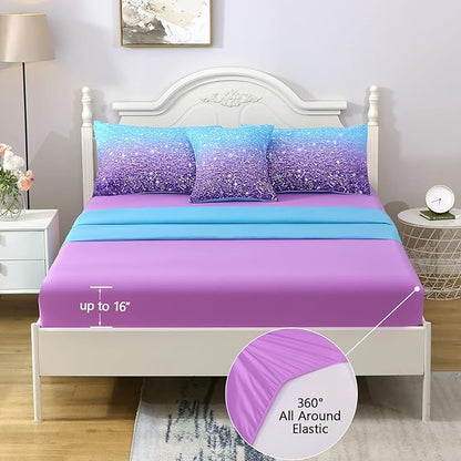 6Pcs Glitter Comforter Set with Sheets for Teens Girls Kids, Colorful Gradient Glitter Themed Bed in a Bag Twin Size, Blue Purple 3D Sparkly Galaxy Bedroom Decor Bedding Set
