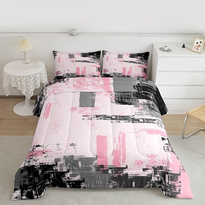 Feelyou Abstract Bedding Set Kids Modern Abstract Art Comforter Set Pink Black Comforter for Boys Room Decor Lightweight Retro Duvet Set King Size with 2 Pillow Case