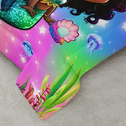 Mermaid Twin Size Bedding Set for Kids Girls, Cute Black Girl Mermaid Ocean Life Pattern Comforter Set, Rainbow Bed with 1 Quilt and 2 Pillowcases