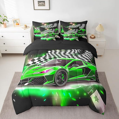 Feelyou Green Racing Car 7 Piece Bedding Set Full Size Extreme Sport Comforter Set with Sheets for Kids Boys Girls Teens Toddler Fast and Furious Bed in a Bag Black White Flag Bed Set