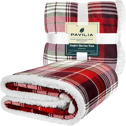 PAVILIA Red Green Christmas Plaid Sherpa Throw Blanket, Holiday Fleece Blanket 50" x 60", Soft Flannel Plush Throw for Couch, Sofa & Bed, Festive Winter Home Decor, Cozy