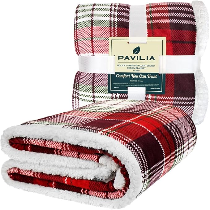 PAVILIA Red Green Christmas Plaid Sherpa Throw Blanket, Holiday Fleece Blanket 60" x 80", Soft Flannel Plush Throw for Couch, Sofa & Bed, Festive Winter Home Decor, Cozy
