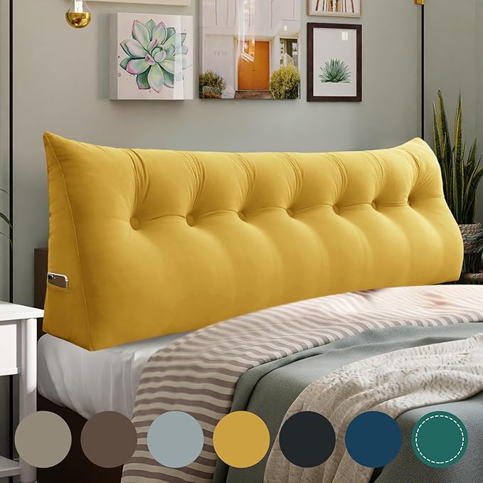 WOWMAX 100% Cotton Velvet Headboard Pillow – King Size Wedge Back Support Reading Bolster for Bed & Daybed, Handmade Firm Support Cushion with Removable Cover, Soft Luxury Bed Rest Pillow, Yellow