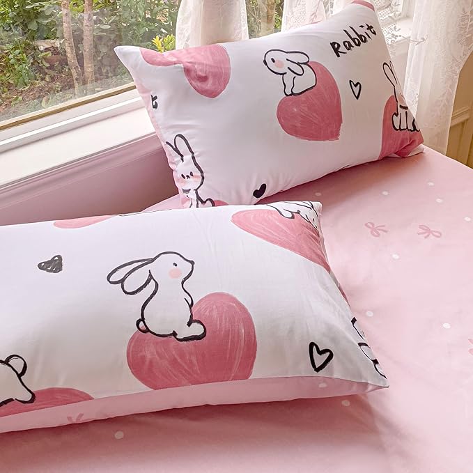 AOJIM Pink Duvet Cover Set Pure Cotton, 1 Rabbit Comforter Cover and 2 Pillowcases, Soft Lightweight Bed Set Queen Size, Quilt Cover for Room Decor (No Comforter)