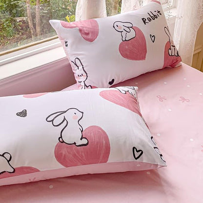 AOJIM Pink Duvet Cover Set Pure Cotton, 1 Rabbit Comforter Cover and 2 Pillowcases, Soft Lightweight Bed Set Queen Size, Quilt Cover for Room Decor (No Comforter)