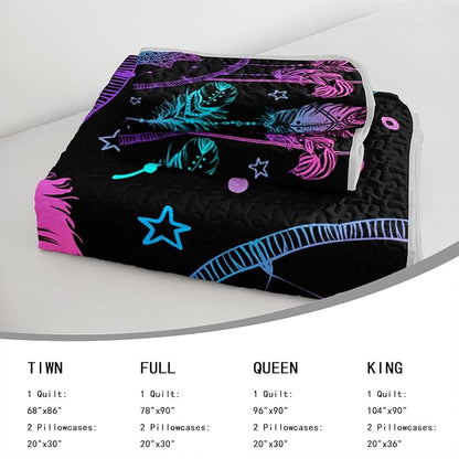 AILONEN Dreamcatcher Quilt Set Queen Size,Purple Blue Feather Print Bedspread Coverlet,Bohemian Mandala Bedding Set Printed with 2 Pillowcases,Soft and Lightweight