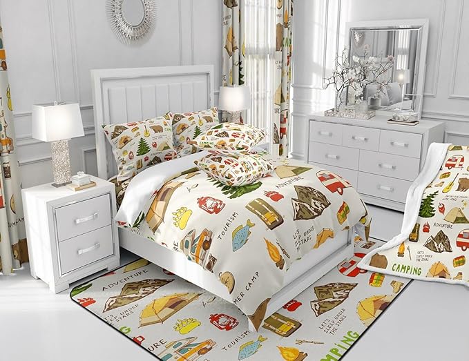 Camping and Adventure Duvet Cover Set Queen Size,Cartoon Bear Camper Car Bedding Set for Kids Girls Boys Teens Room Decor,Happy Camping Comforter Cover Outdoor Travel Quilt Cover,2 Pillowcases
