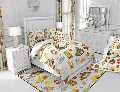 Camping and Adventure Duvet Cover Set Twin Size,Cartoon Bear Camper Car Bedding Set for Kids Girls Boys Teens Room Decor,Happy Camping Comforter Cover Outdoor Travel Quilt Cover,1 Pillowcase