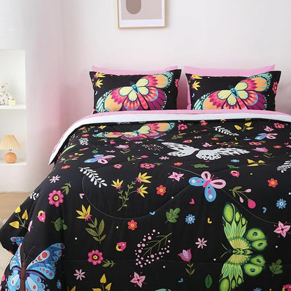 Kids Butterfly Comforter Set Full Size for Girls Colorful Flowers Leaves Bedding Set for Teens Black 7 Piece Bed in A Bag Super Soft All Season